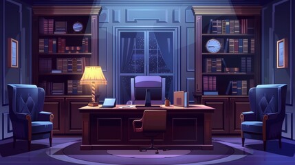 At night, a dark CEO office with computer on desk, chair, and documents in cabinet with shelves, armchairs, and clock. A ceo or director's workspace lit by a lamp.