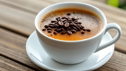  Warm and cozy  A cup of rich frothy coffee with a sprinkle of cocoa on top