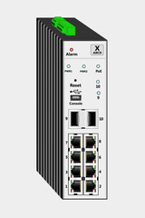 Industrial PoE Ethernet switch for DIN rail mounting. Contains 8 RJ-45 Ethernet ports, 2 fiber optic SFP ports, one USB console port. At the top is the power connector. Vector illustration.
