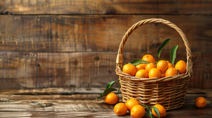 Basket with tasty kumquat fruit on wooden background