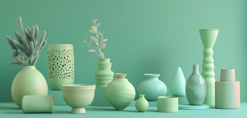 A fresh, mint green studio background, setting a lively and rejuvenating stage for a collection of modern, hand-thrown pottery pieces.