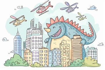 Cartoon cute doodles of a kaiju playing fetch with a city bus, treating it like a giant chew toy, Generative AI 