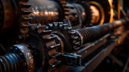 A close-up shot of industrial machinery at a port, with gears and pulleys intricately interlocked