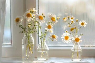 Simple yet elegant display of white daisies in clear glass bottles, lined up against a soft light background, emphasizing minimalism and natural beauty