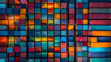 A close-up shot of shipping containers stacked high in a container yard, with colorful containers arranged in neat rows