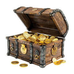 gold chest, treasure chest containing gold coins, on transparent background