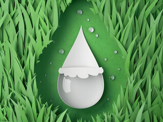Paper cut with water drop of eco on green grass. Ecological concepts and global environmental protection. World Water Day.