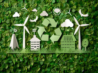 Modern Eco House with Windmills and Solar Energy Panels In Green Environment - Illustration of Green Industrial Factory with Renewable Energy. Concept of being eco-friendly and saving the planet. 