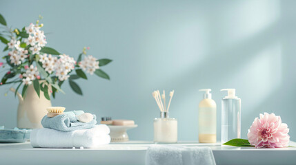Bath accessories and cosmetics on light background