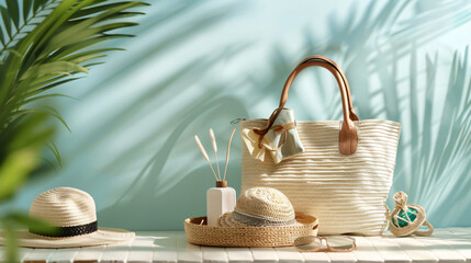Beach bag and accessories on table against light background