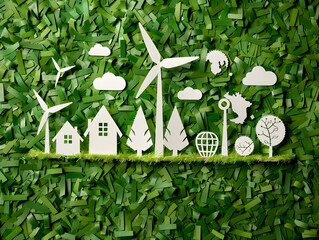 Modern Eco House with Windmills and Solar Energy Panels In Green Environment - Illustration of Green Industrial Factory with Renewable Energy. Concept of being eco-friendly and saving the planet. 