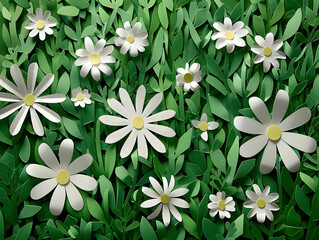 White daisies bloom amidst lush green grass in a serene garden, capturing the beauty of nature in summer