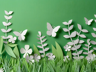 Grass and flowers bloom in nature's garden with butterfly fluttering over grassland, a vibrant illustration of spring's beauty. Paper art and digital craft style