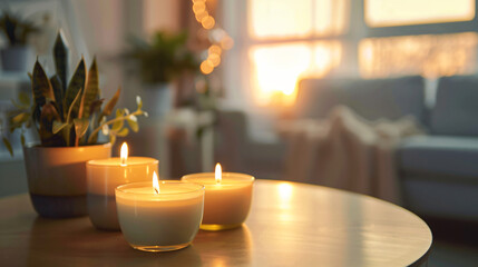 Beautiful aroma candles on table in room - Powered by Adobe
