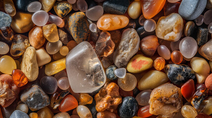 Macro shot of various colorful and textured mineral grains, presenting a geological composition