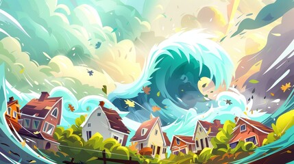 An illustration of a tsunami wave covering small town houses. Modern cartoon illustration of a storm raging in the ocean, rainy weather in a seaside village, leaves from trees flying in the air,