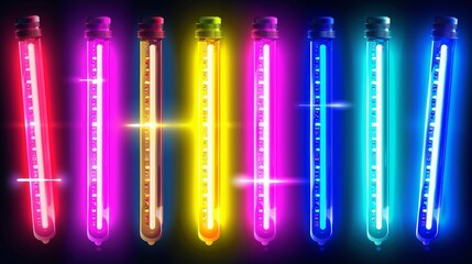 Night club party laser decoration with beams made up of neon colored long LED lamps. Realistic modern illustration set of luminous fluorescent straight electric bulbs.