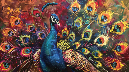 A colorful painting of a peacock with its head held high
