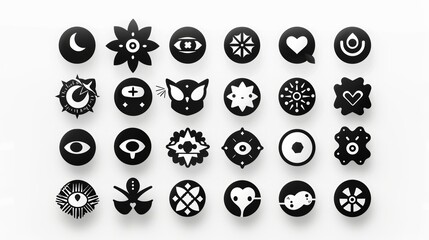 Retrowave black icons set isolated on white background. Modern illustration of retro futuristic star, cube, planet, flower, butterfly, eyes, lollipop, sun, heart, wireframe landscape shape symbols