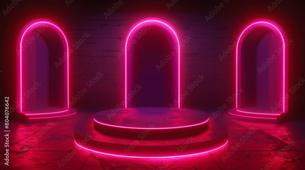 Poster providing a realistic modern illustration set of a red neon game portal with lightning effect and gl