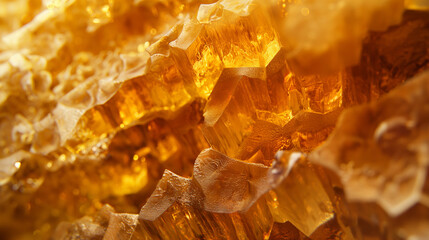 This image displays a detailed close-up of a golden honeycomb, illustrating the beauty and complexity of bees' work
