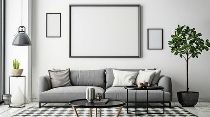A mockup of an empty poster frame on the wall in a living room, with a sofa and coffee table nearby, on white walls and a carpeted floor, with a lamp stand, a light grey couch with beige cushion.