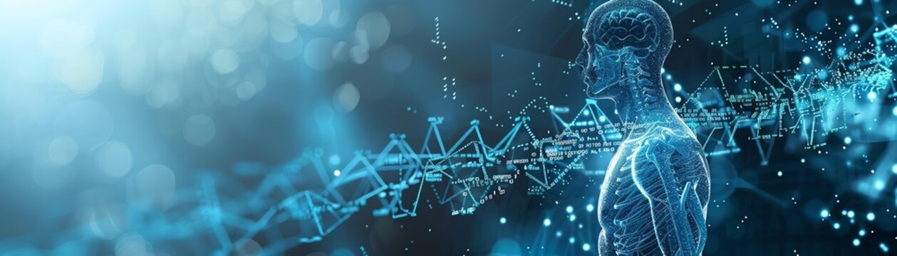 Dynamic medical background with streaming binary code and overlay of human anatomy sketches, merging technology and medicine
