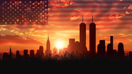 Memorial Day New York City skyline at sunset with an American flag waving in the foreground.