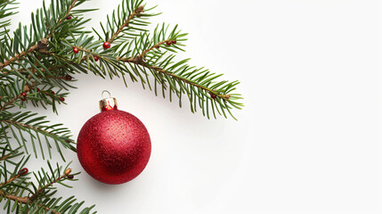 Obraz na płótnie Canvas Beautiful Christmas ball with fir tree branches on white