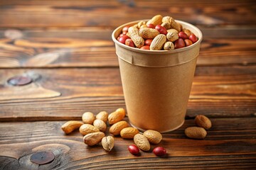 on the table there is a small paper cup shaped like a barrel full of peanuts, pleasant warm colors stock photo