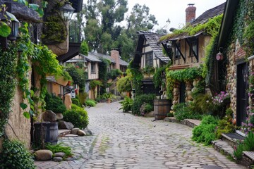 Fototapeta premium Envision a quaint village square surrounded by charming cottages, with ivy-covered walls and cobblestone streets creating a timeless, Generative AI