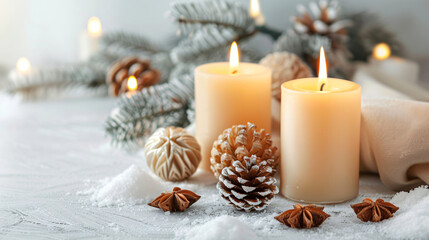Fototapeta na wymiar Beautiful Christmas composition with aroma candles on