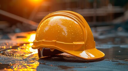 Hard hat sitting on a wet surface with water droplets on it and the sun reflecting off the surface.