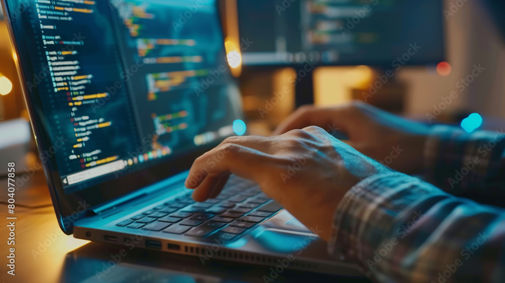 Poster a man is typing on a laptop computer. the screen is filled with code and the man's fingers are movin