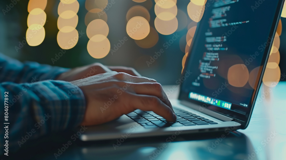 Poster a man is typing on a laptop computer. the screen is filled with code and the man's fingers are movin