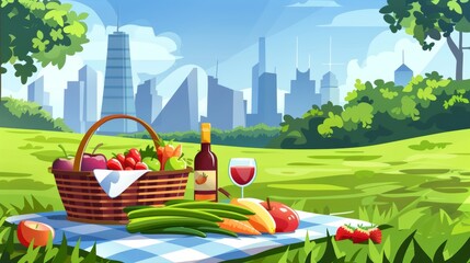 The theme of summer picnic in city park is illustrated with a basket filled with freshly harvested fruits and vegetables, a wine bottle on a blanket, a modern cityscape in the background, a green