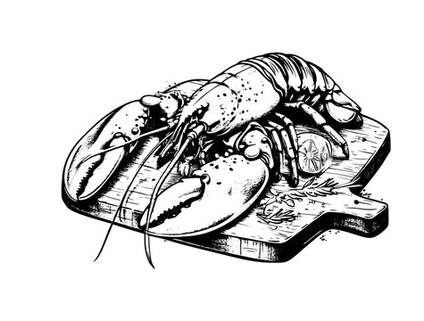 recommend clip art: Lobster on wooden board. Black and white outline on white background. Hatching.