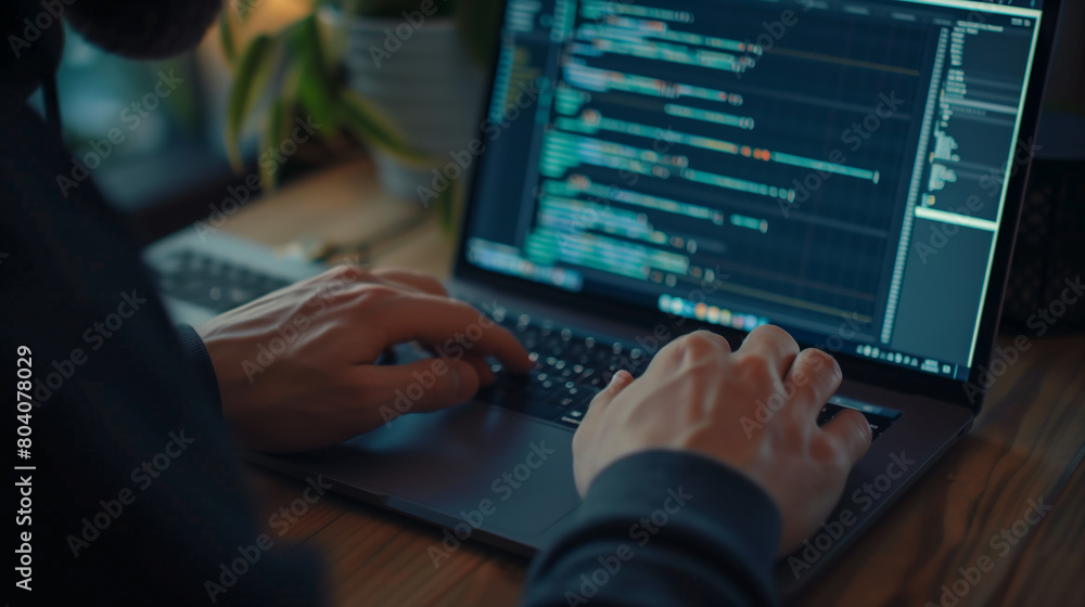 Poster a man is typing on a laptop computer. the screen is filled with code and the man's fingers are movin