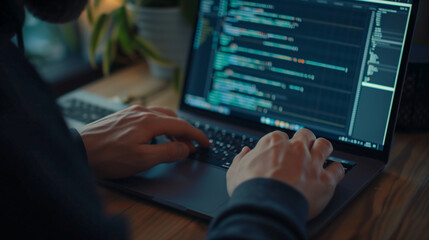 A man is typing on a laptop computer. The screen is filled with code and the man's fingers are moving across the keyboard. Concept of focus and concentration as the man works on his computer