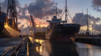A coastal loading dock at dusk, where cargo ships are moored alongside the quay and workers prepare to secure the vessels for the night - obrazy, fototapety, plakaty