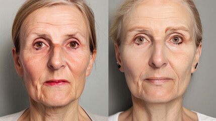 After a biorevitalization procedure, the senior woman's face appears rejuvenated and refreshed.