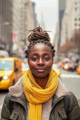 Confident African American woman in the city, with a stylish top bun and vibrant yellow scarf.