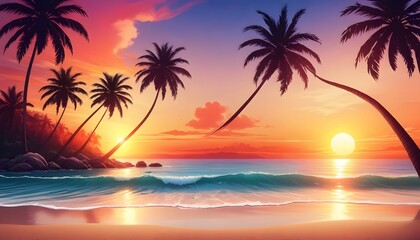 Vector illustration of tropical beach in daytime. Hand-painted watercolor background.