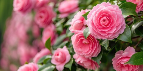 Fototapeta premium Bouquet of camellia flowers. Floral delicate background with copy space