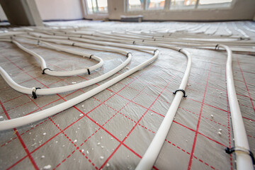 Pipe system of floor heating mounted in residential building under construction