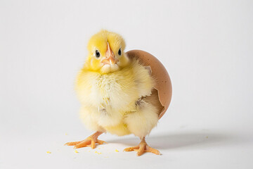 Fototapeta premium Yellow chick is hatching from eggs on a white background