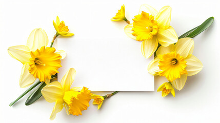 Beautiful daffodils and greeting card on white background