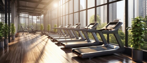 Modern gym with rows of treadmills facing large windows overlooking the city, emphasizing fitness...