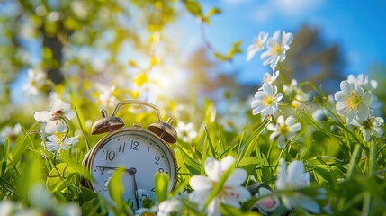 Daylight saving time. Sommer time, winter time, changeover, switch of time. Sommer or winter time. Clock as a timer for celebrations. Spring flowers, grass, blue sky, green trees.