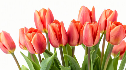 Beautiful fresh tulips on white background closeup